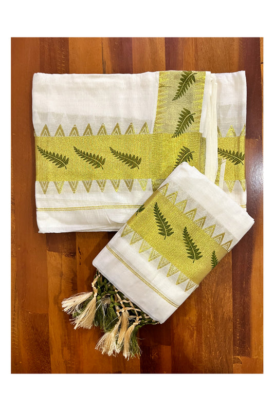 Kerala Cotton Set Mundu (Mundum Neriyathum) with Olive Green Leaf Block Prints on Kasavu Temple Border