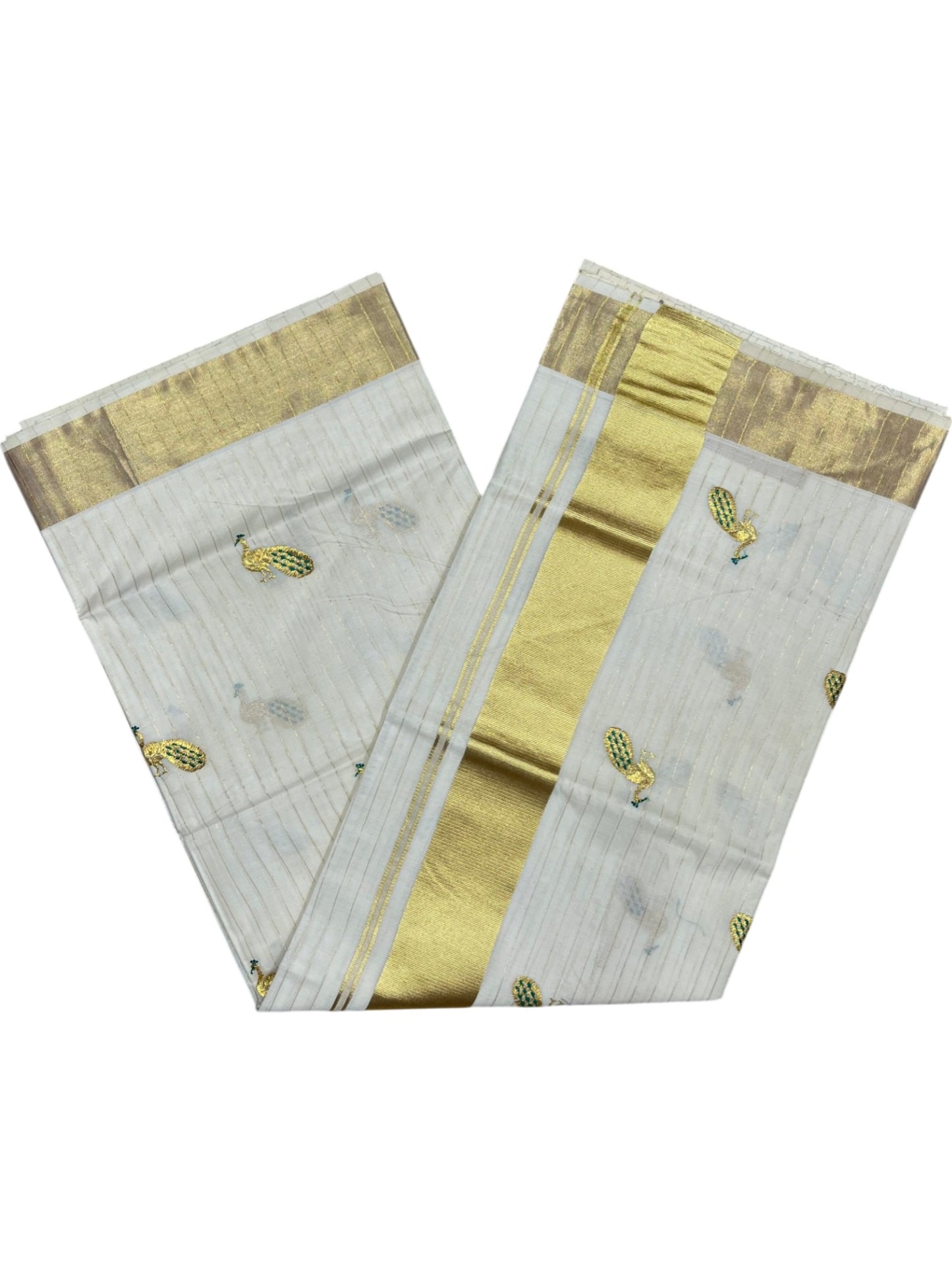 Southloom Cotton Kerala Kasavu Lines Saree with Peacock Embroidery Work on Body in Peacock Green