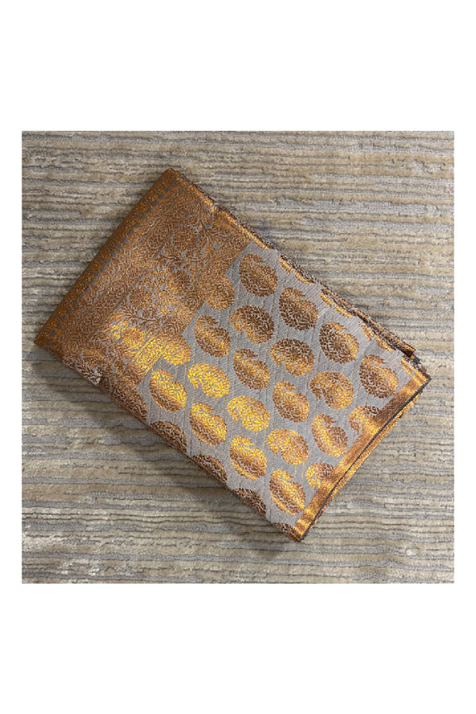 Southloom Brocade Silk Bridal Saree WIth Woven Borders And Blouse Piece in Gold And Grey