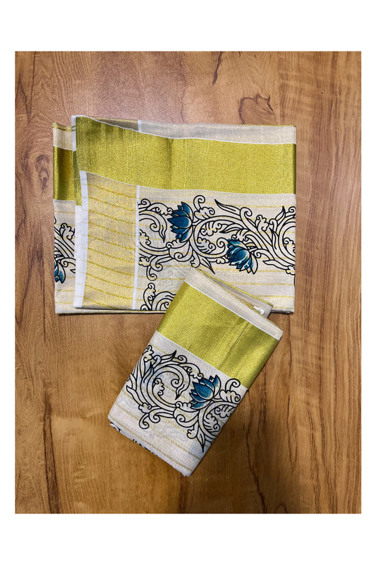 Kerala Tissue Single Set Mundu (Mundum Neriyathum) with Green Lotus Block Printed Design 2.80Mtr