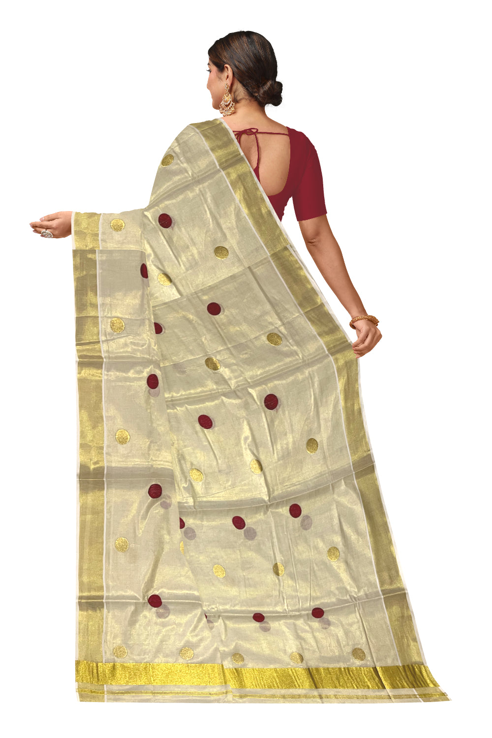 Kerala Tissue Kasavu Saree with Maroon Polka Woven Designs