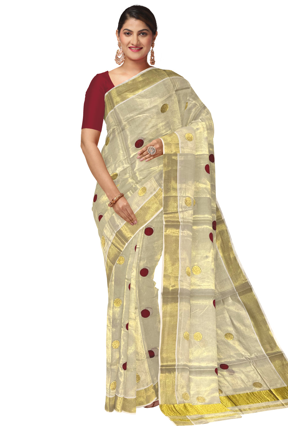 Kerala Tissue Kasavu Saree with Maroon Polka Woven Designs