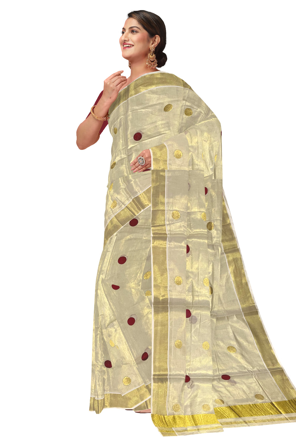 Kerala Tissue Kasavu Saree with Maroon Polka Woven Designs