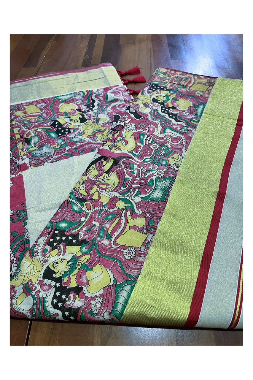 Kerala Tissue Kasavu Saree with Mural Art Printed Design and Red Border