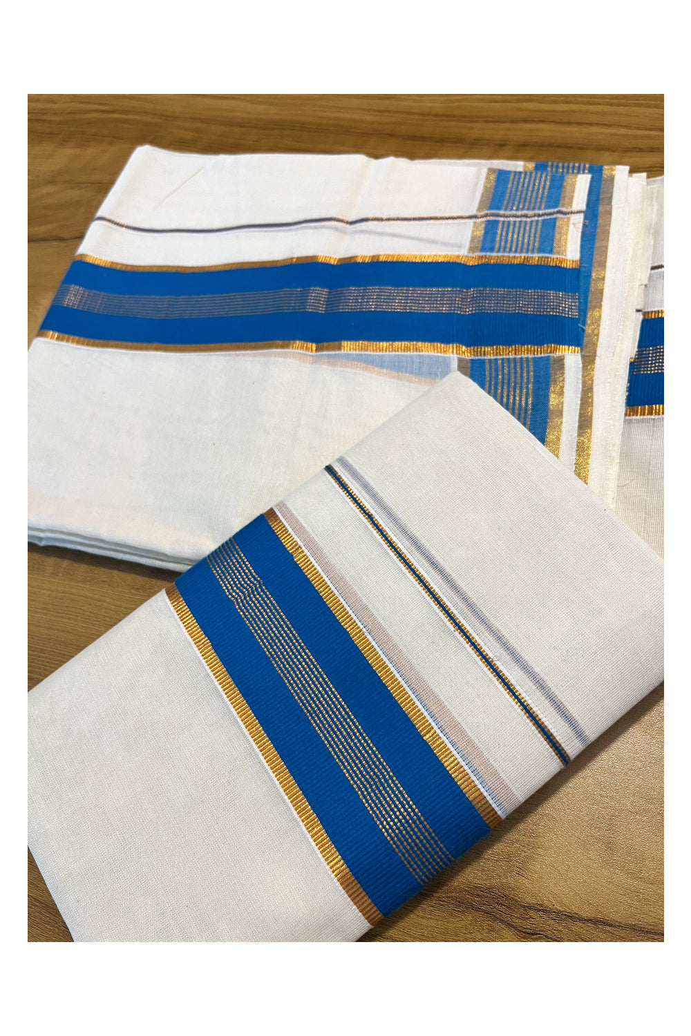 Kerala Cotton Set Mundu (Mundum Neriyathum) with Kasavu and Blue Border