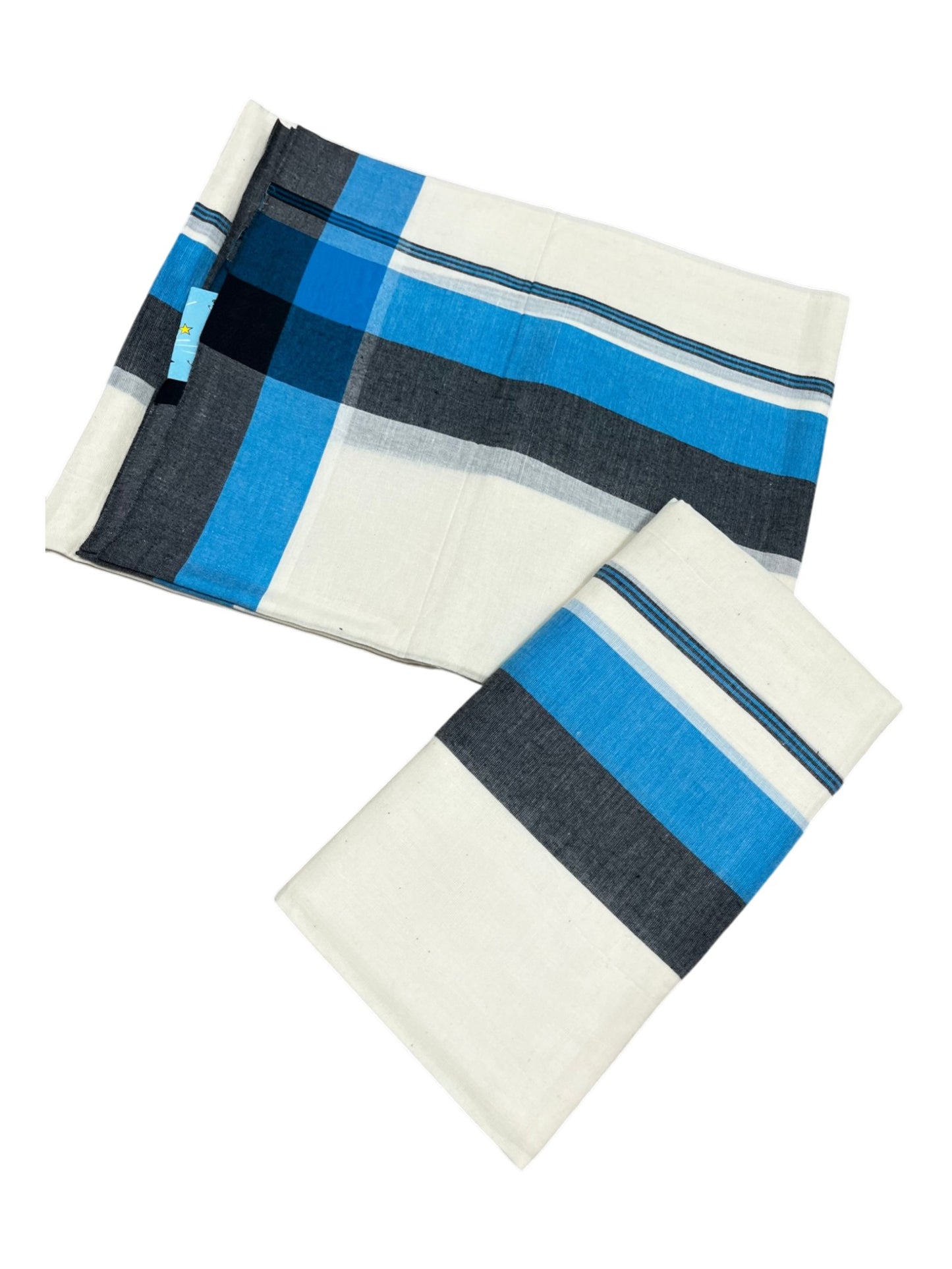 Southloom Pure Cotton Kerala Single Mulloth Set Mundu (Mundum Neriyathum) Blue & Black Border in 2.80 Mtrs SL243