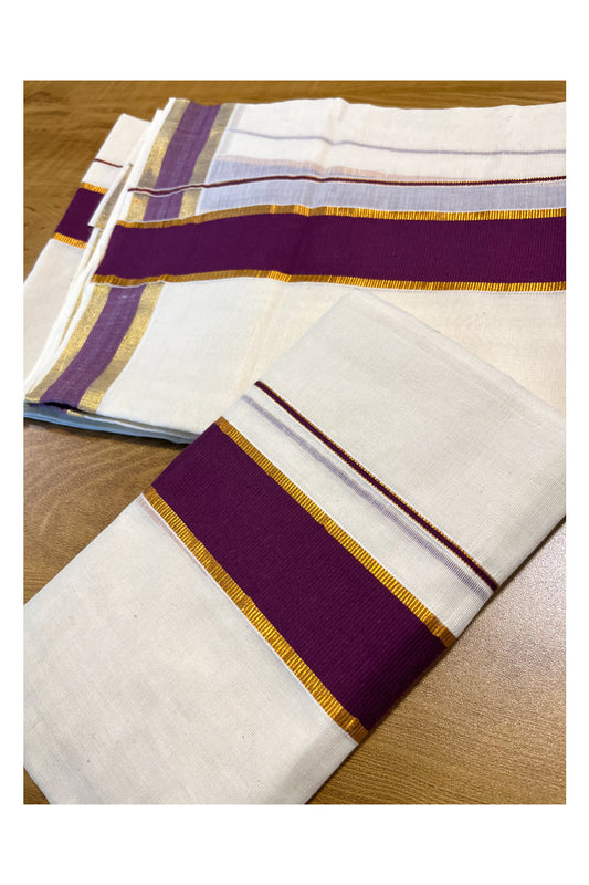 Kerala Cotton Mundum Neriyathum Single (Set Mundu) with Dark Violet and Kasavu Border