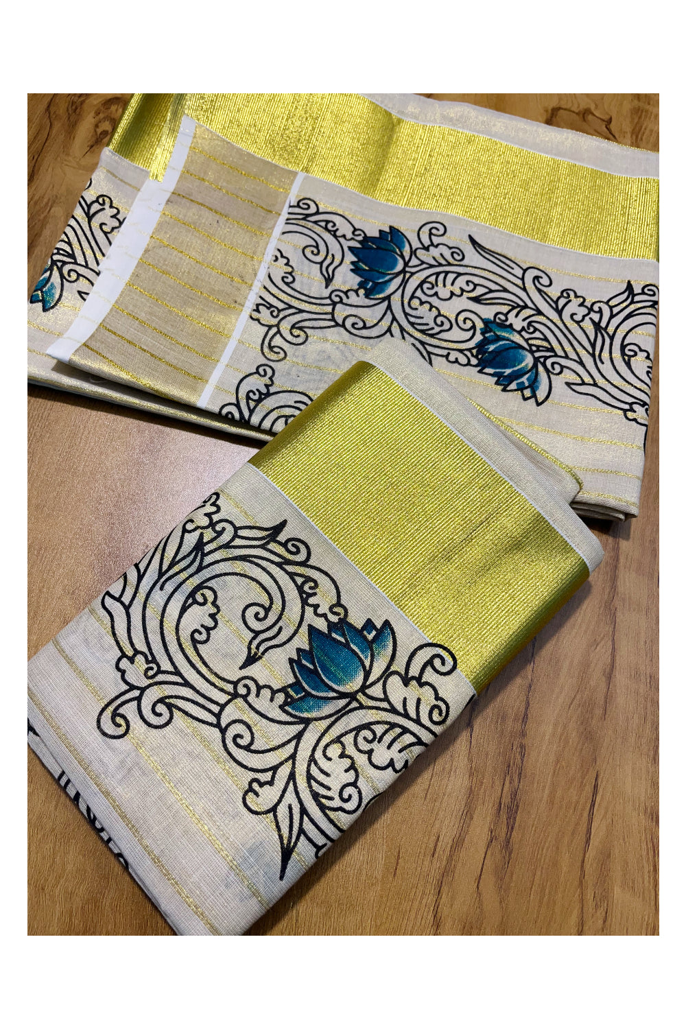 Kerala Tissue Single Set Mundu (Mundum Neriyathum) with Green Lotus Block Printed Design 2.80Mtr