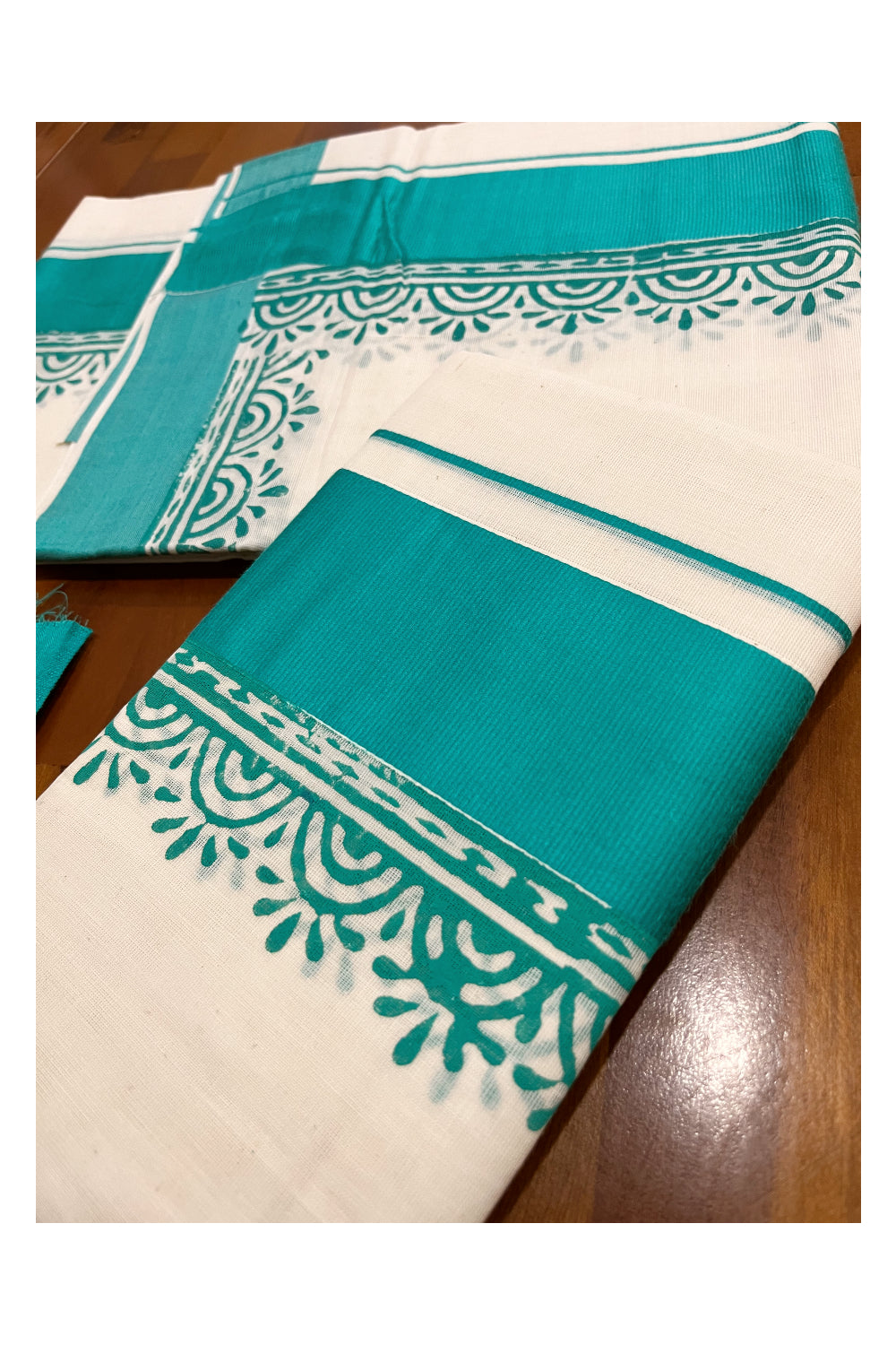 Pure Cotton Kerala Single Set Mundu (Mundum Neriyathum) with Block Printed Border and Turquoise Blouse Piece