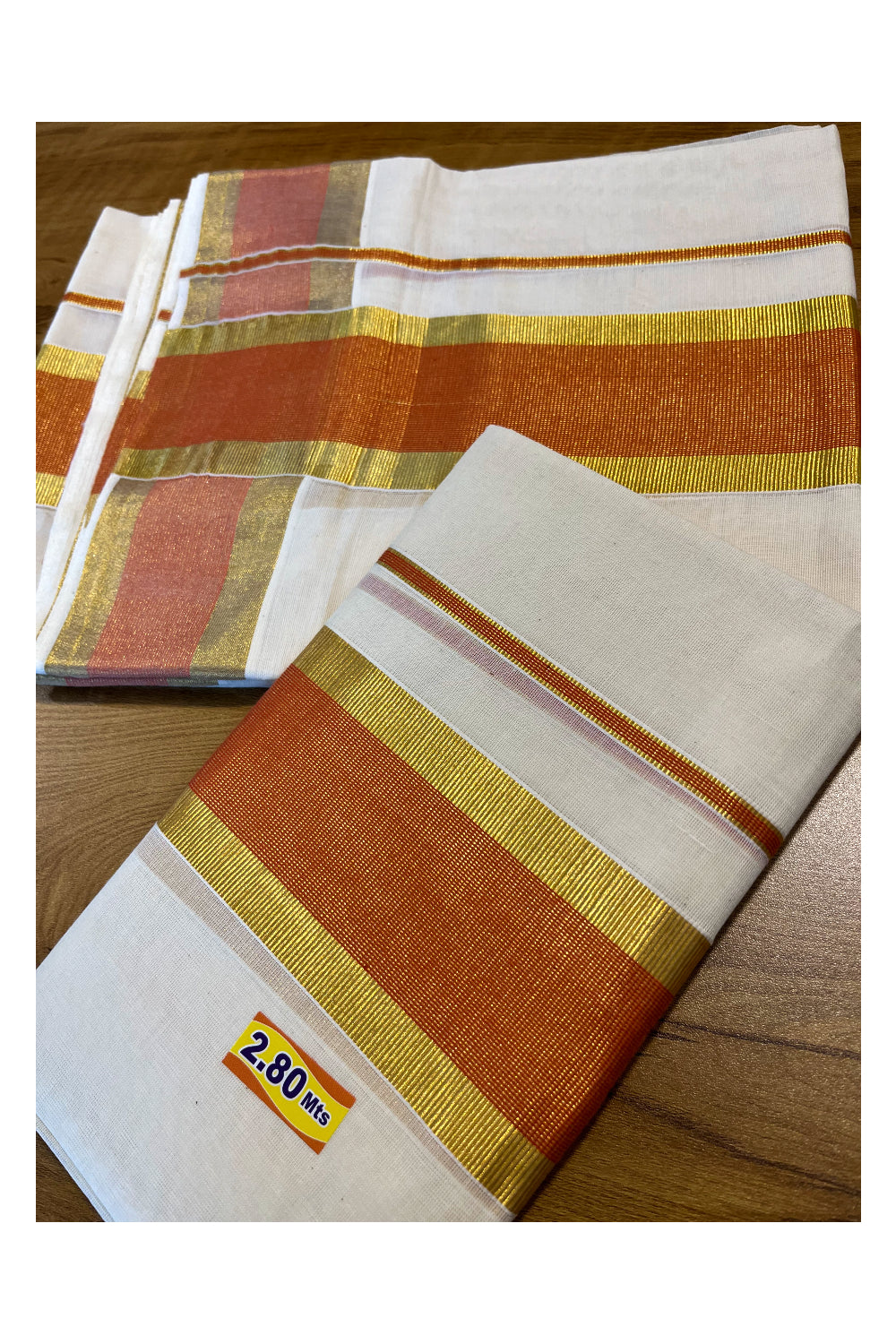 Kerala Cotton Set Mundu (Mundum Neriyathum) with Orange and Kasavu Border 2.80 Mtrs