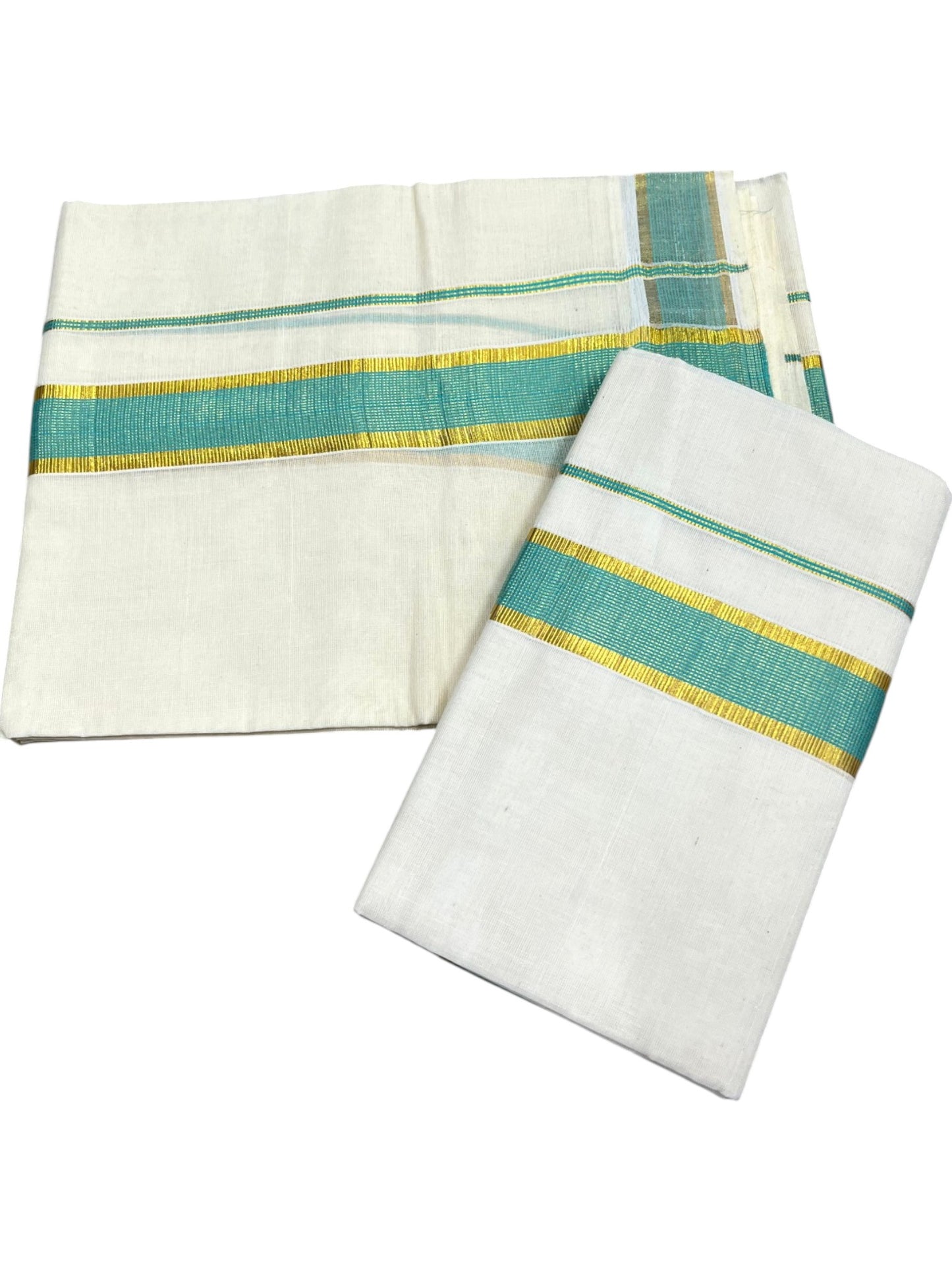 Southloom Pure Cotton Kerala Kasavu Set Mundu (Mundum Neriyathum) Kasavu & Turquoise Blue Border in 2.80 Mtrs SLKK SL470