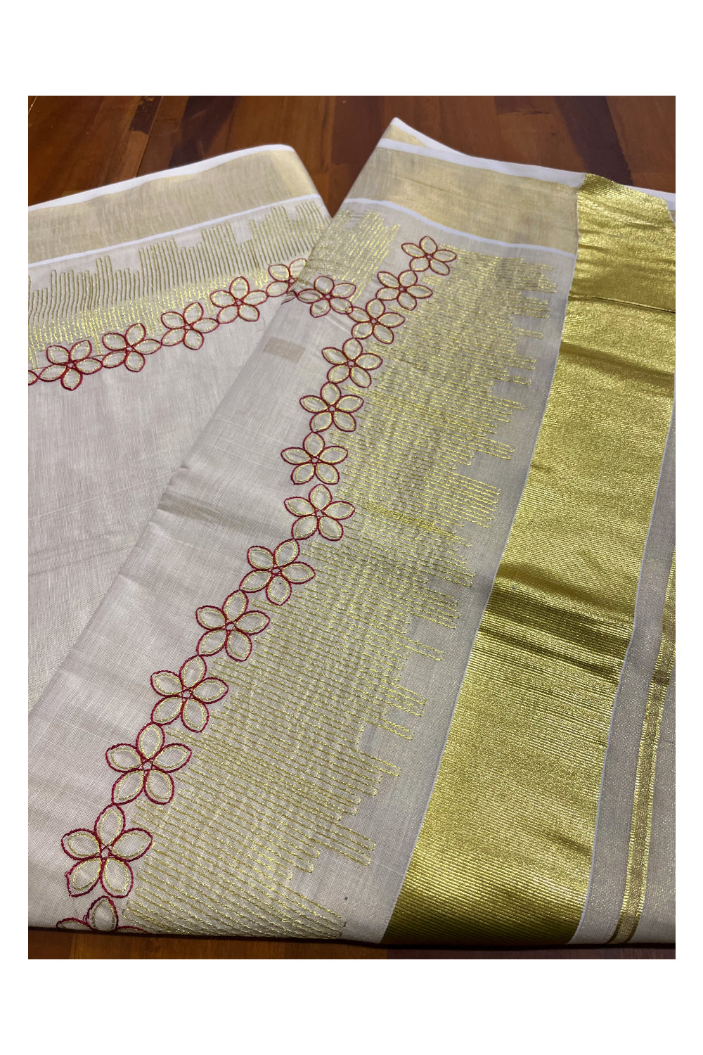 Kerala Kasavu Tissue Saree with Floral Thread works on Border