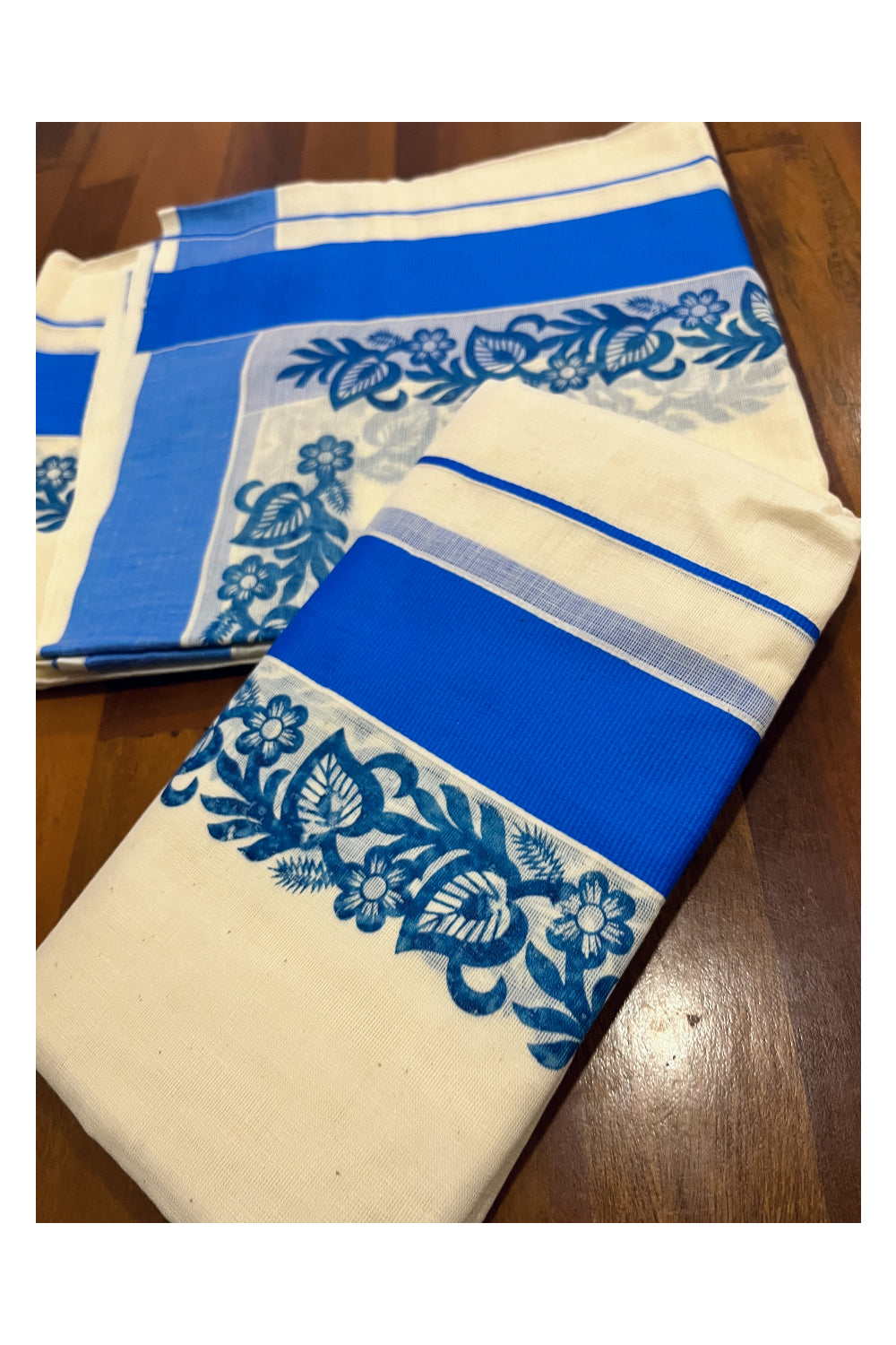 Kerala Pure Cotton Set Mundu Single (Mundum Neriyathum) with Blue Floral Block Prints