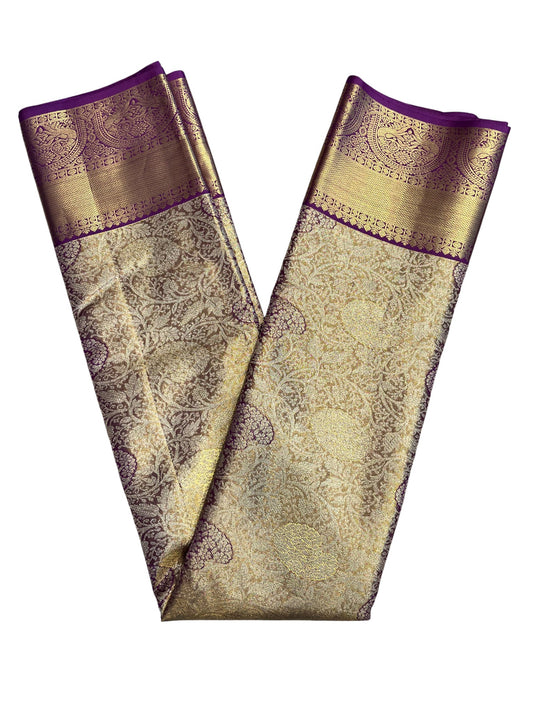 Southloom Premium Handloom Bridal Kanchipuram Silk Saree with Korvai Work (Beige & Violet)