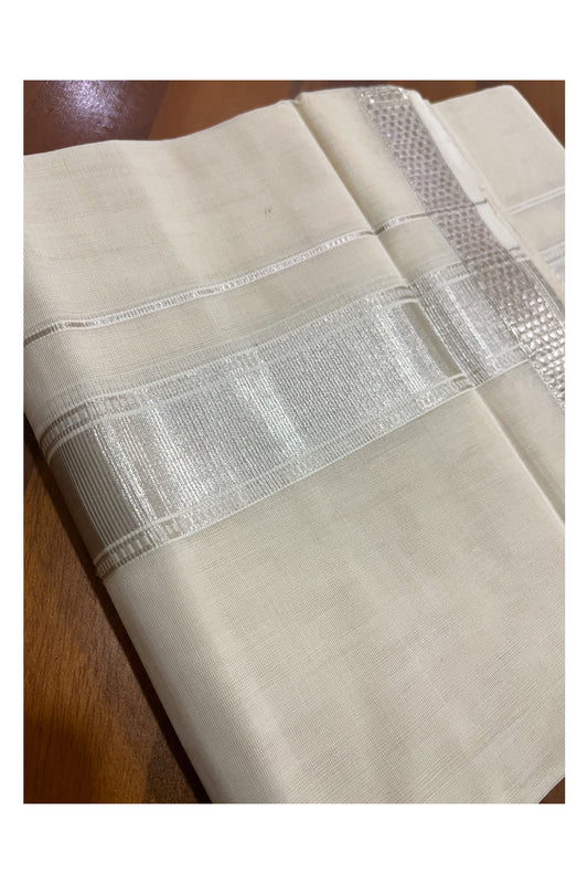 Southloom Premium Handloom Cotton Double Mundu with Silver Kasavu Design Border (South Indian Kerala Dhoti)