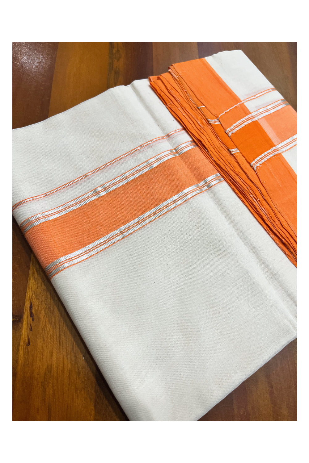 Premium Balaramapuram Handloom Unakkupaavu Cotton Double Mundu with Orange and Silver Kasavu Border (Onam 2024 Collection)