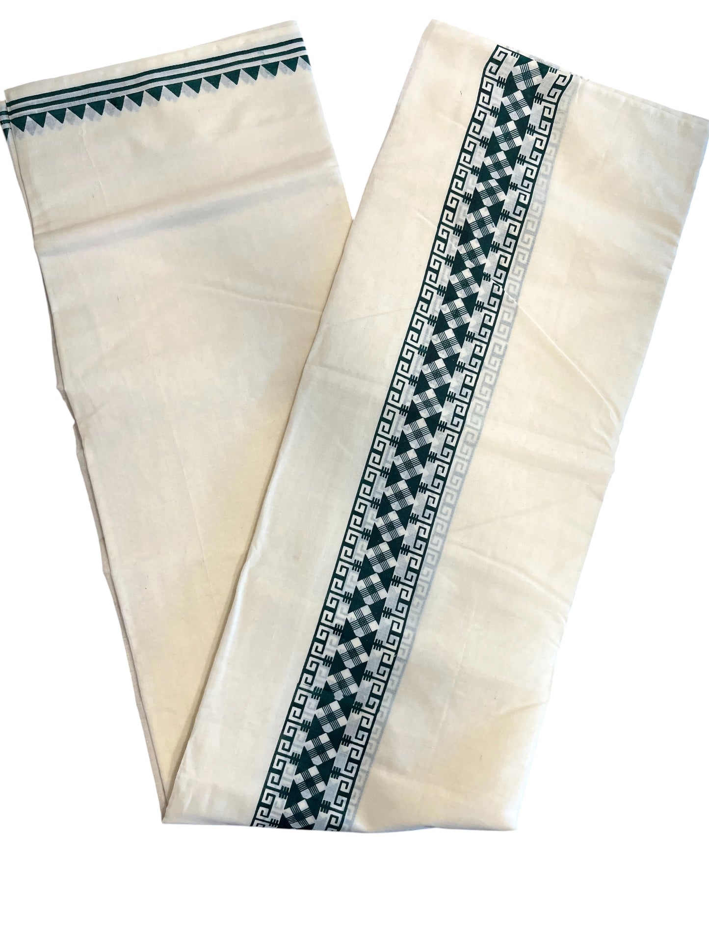 Southloom Pure Cotton Double Mundu with Block Prints on Dark Green Kara (South Indian Kerala Dhoti)
