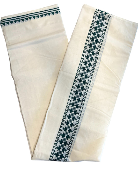 Southloom Pure Cotton Double Mundu with Block Prints on Dark Green Kara (South Indian Kerala Dhoti)