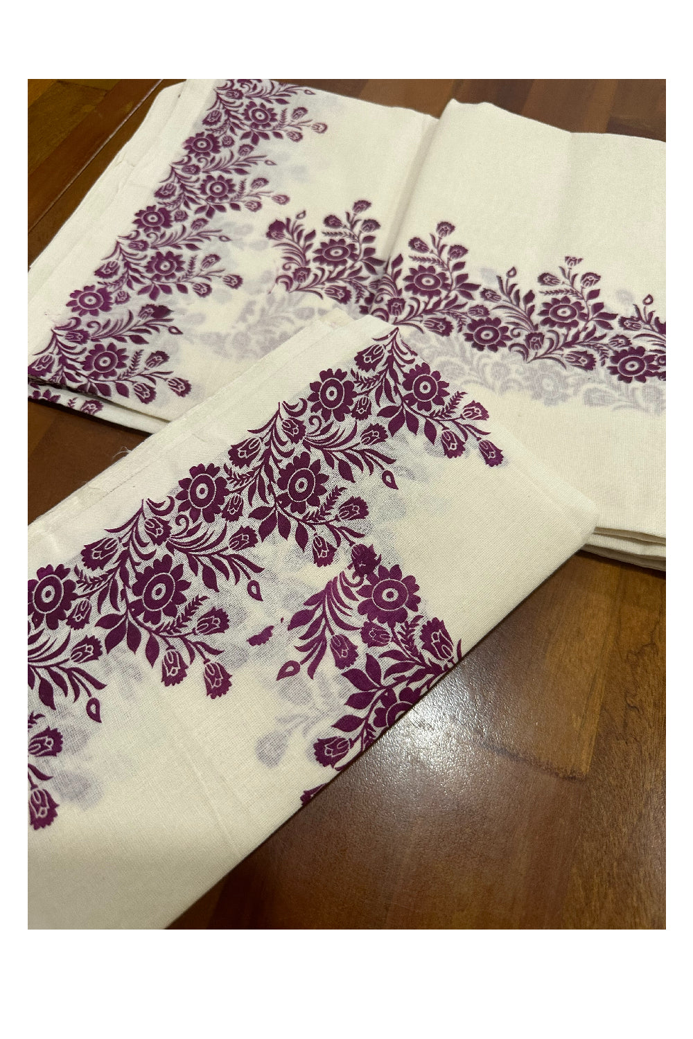 Kerala Cotton Set Mundu (Mundum Neriyathum) with Purple Floral Block Printed Border (Onam Set Mundu 2023)