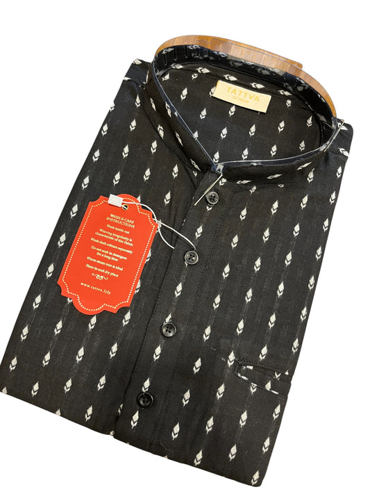 Southloom Black Woven Patterns Semi Silk Short Kurta for Men
