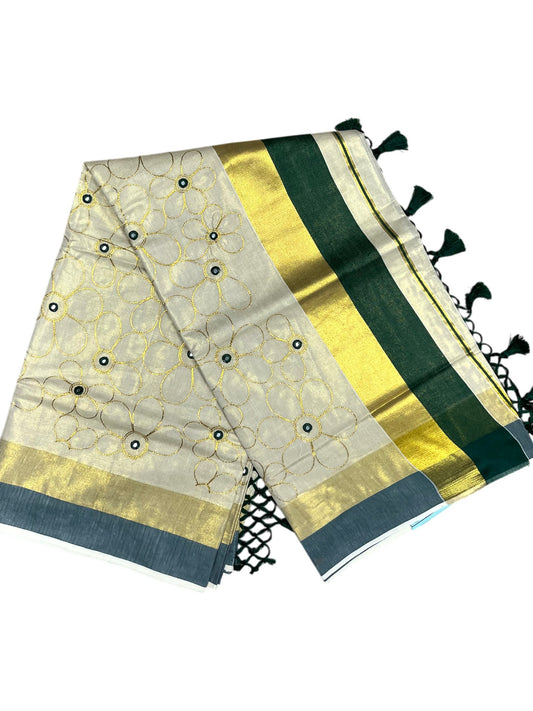 Kerala Tissue Kasavu Stripes Saree with Gold and Green Floral Embroidery Design on Body