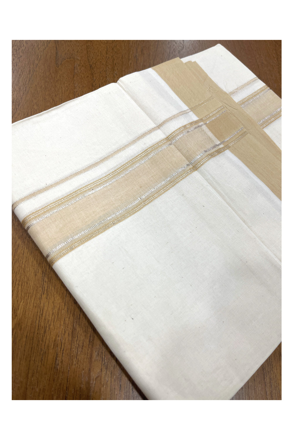 Pure Cotton Double Mundu with Silver Kasavu and Beige Border (South Indian Kerala Dhoti)