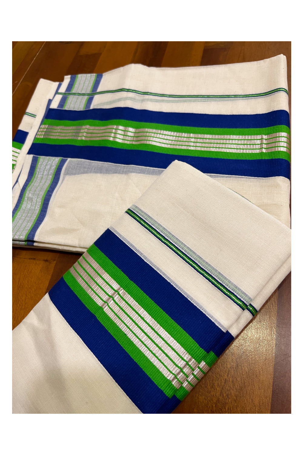 Kerala Cotton Silver Kasavu Set Mundu (Mundum Neriyathum) with Blue and Light Green Border 2.80 Mtrs