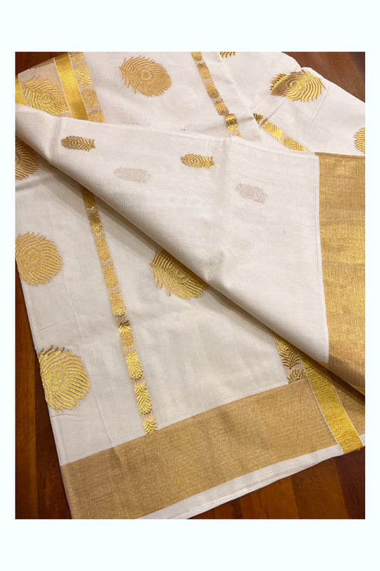 Southloom Premium Handloom Cotton Kasavu Saree with Feather Woven Designs (Vishu 2024 Collection)