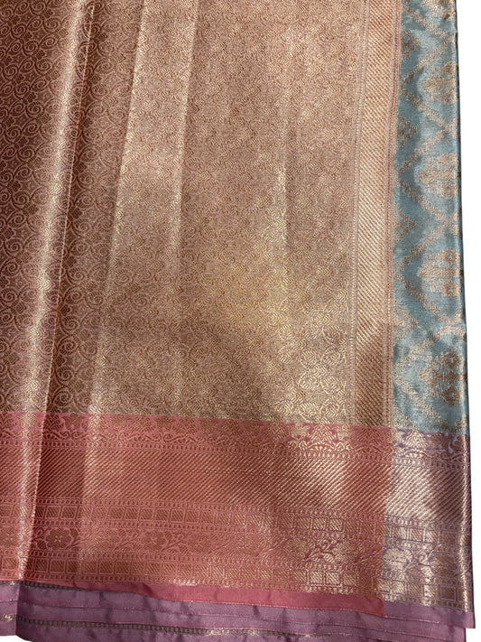 Southloom Tissue Silk Saree with Woven Work on Body and Borders (Pink & Blue)