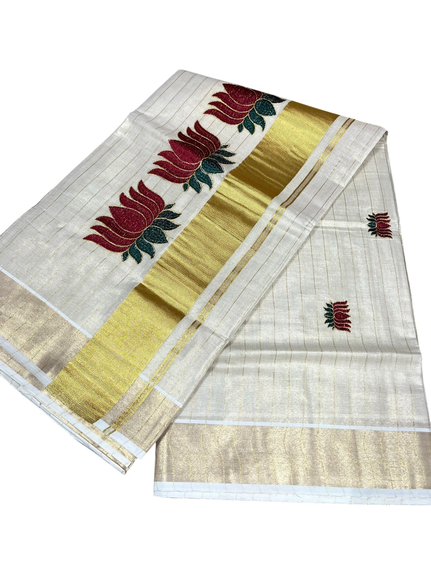 Southloom Kerala Tissue Lines Kasavu Saree with Maroon And Green Lotus Embroidery Works