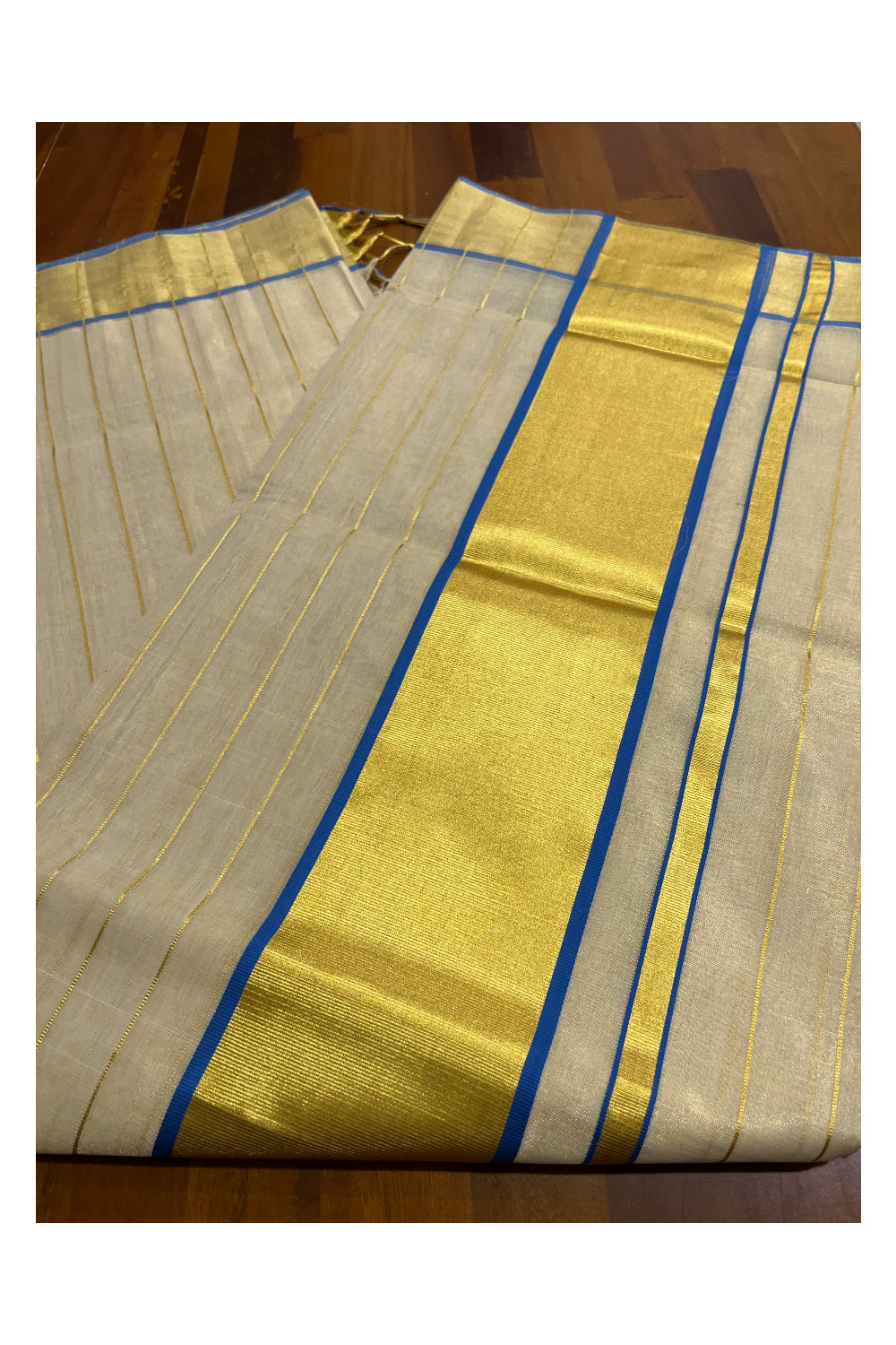 Southloom Premium Balaramapuram Handloom Tissue Kasavu Lines Design Kerala Saree with Blue Border