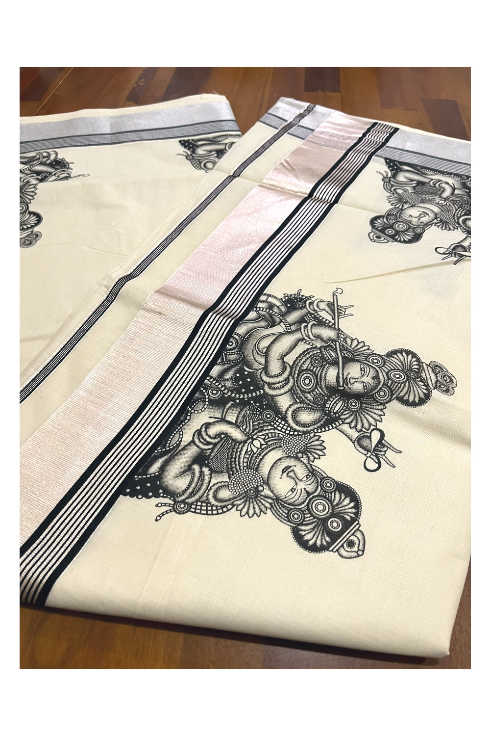 Pure Cotton Kerala Silver Kasavu Saree with Krishna Radha Mural Prints and Black Border (Onam Saree 2023)