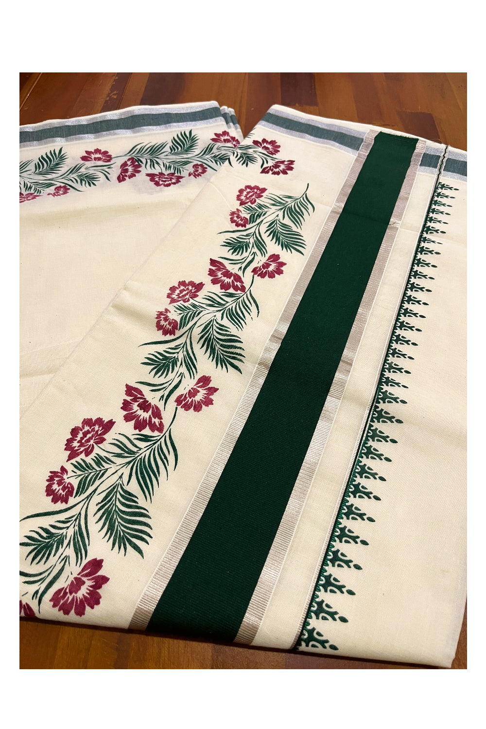 Pure Cotton Kerala Saree with Green Maroon Floral Block Prints and Silver Green Border