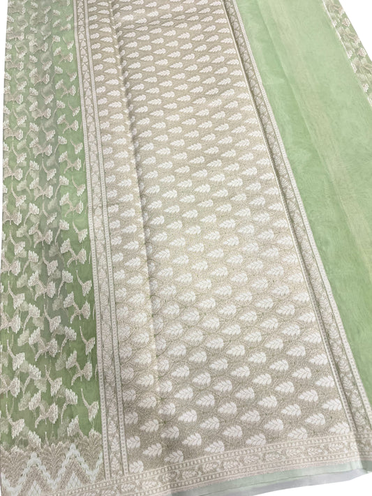 Southloom Cotton Banarasi Silk Saree with Woven Work on Body and Borders (Green)