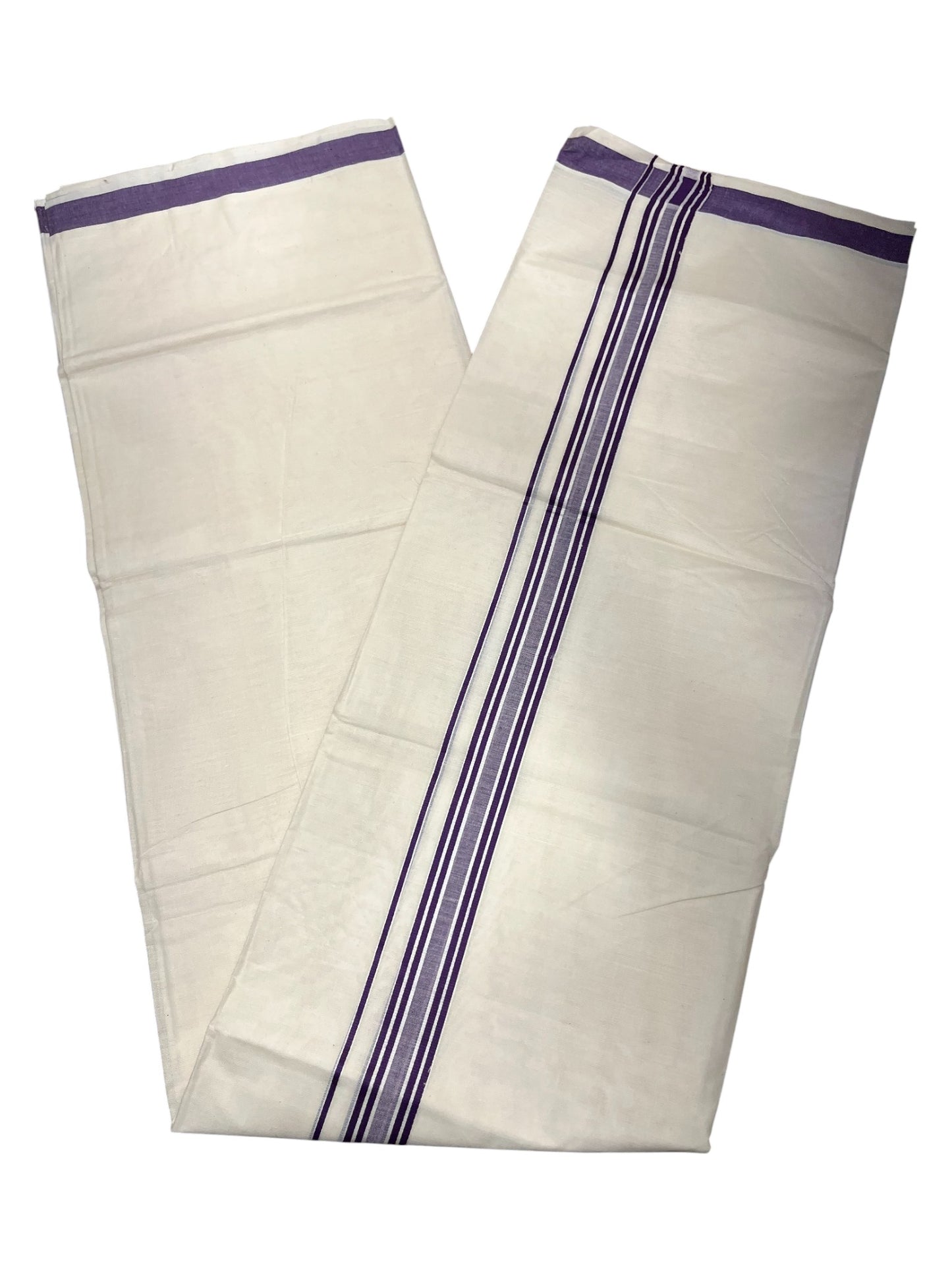 Southloom Pure Cotton Double Mundu With White Lines &Violet Border (South Indian Kerala Dhoti)
