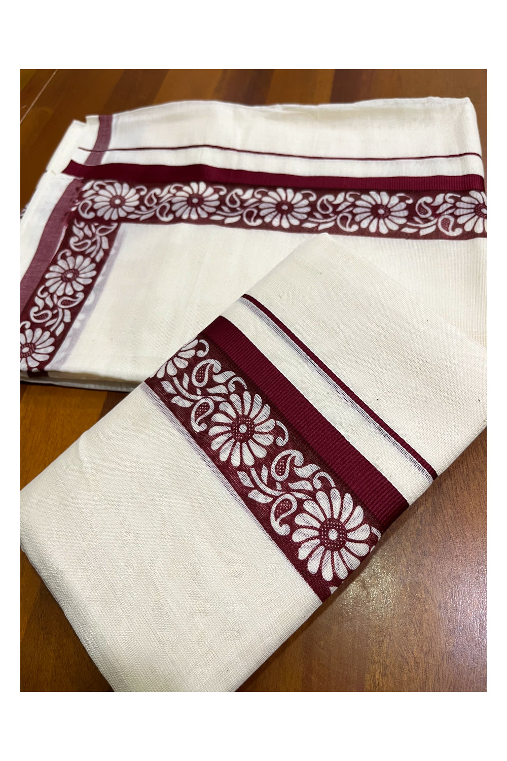 Kerala Cotton Kasavu Single Set Mundu (Mundum Neriyathum) with Maroon Kara and  Block prints (Onam 2024 Collection)