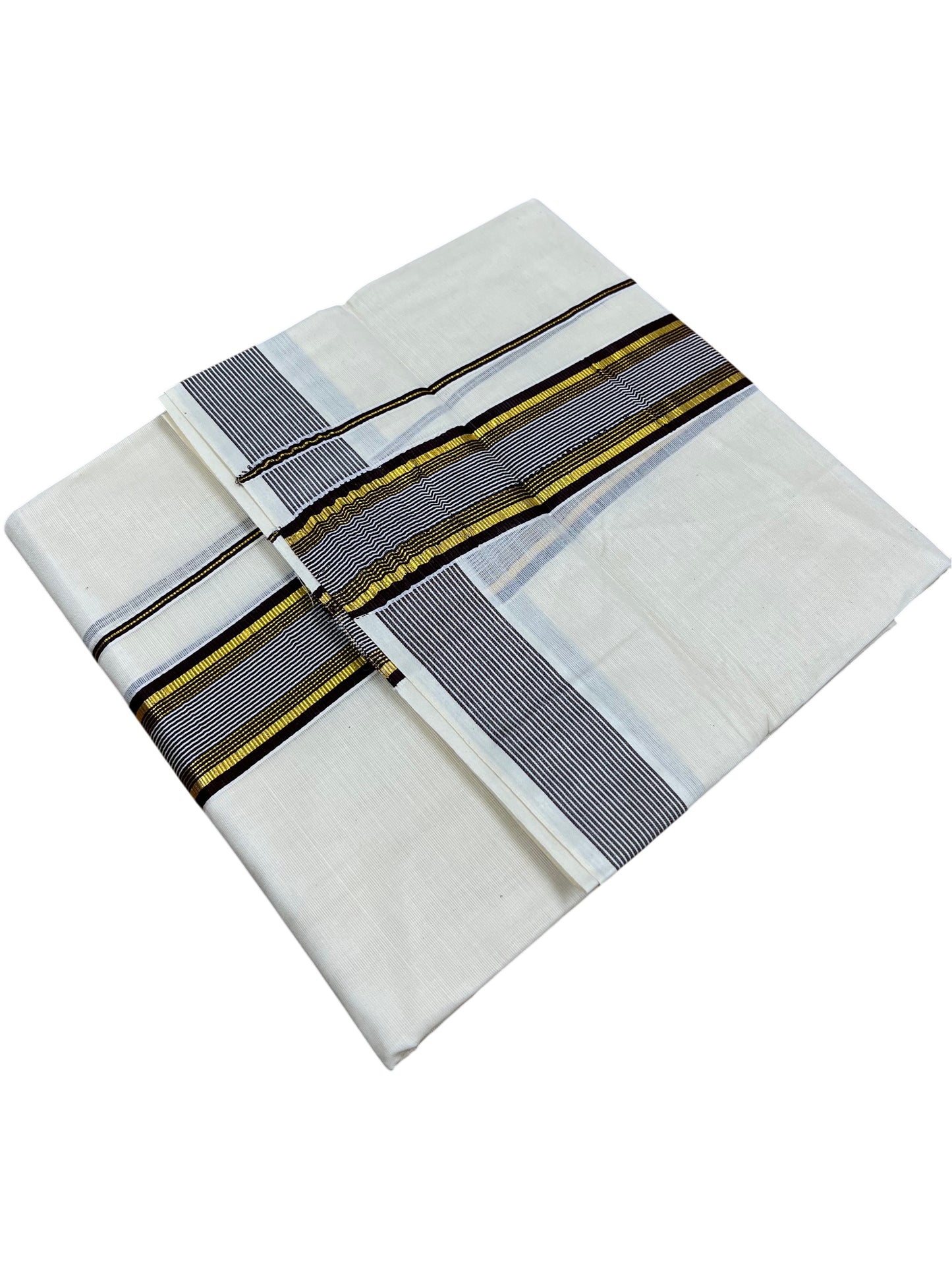 Southloom Pure Cotton Mundu with Gold lines& Brown Border (South Indian Kerala Dhoti)