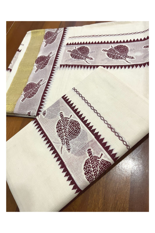 Cotton Kerala Single Set Mundu with Brown Leaf Block Prints on Border