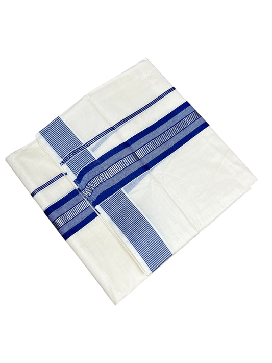 Southloom Pure Cotton Mundu with Silver Lines and Blue Border (South Indian Kerala Dhoti)