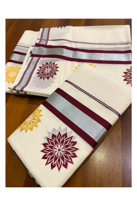 Kerala Cotton Mundum Neriyathum Single (Set Mundu) with Maroon Golden Floral Block Prints in Maroon Silver Kasavu Border