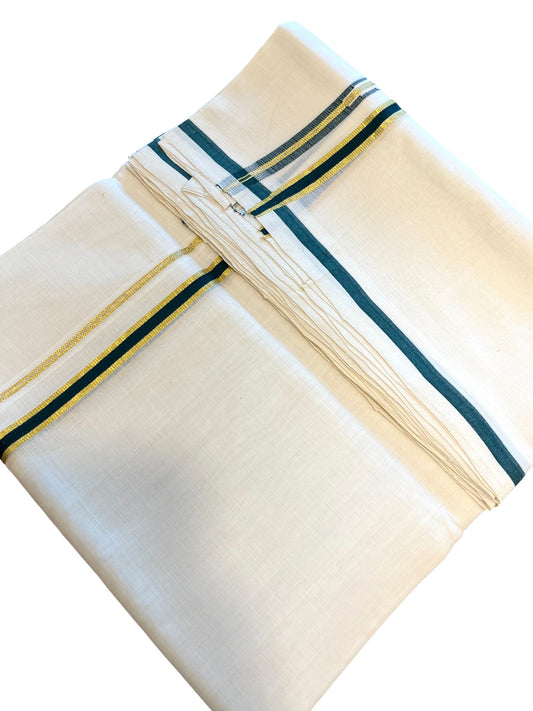 Southloom Premium Handloom Cotton Double Mundu with Golden and Green Border