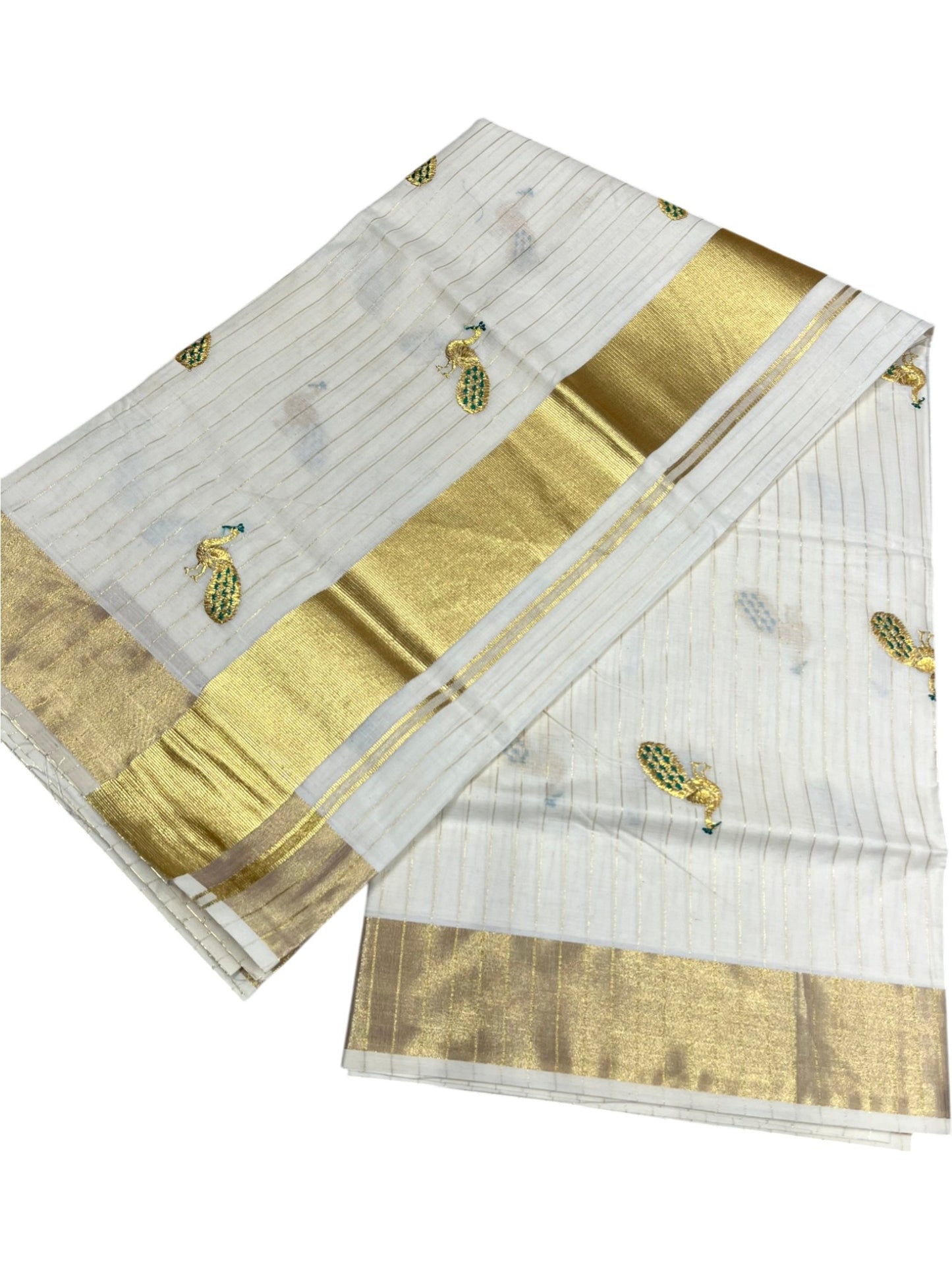 Southloom Cotton Kerala Kasavu Lines Saree with Peacock Embroidery Work on Body in Peacock Green