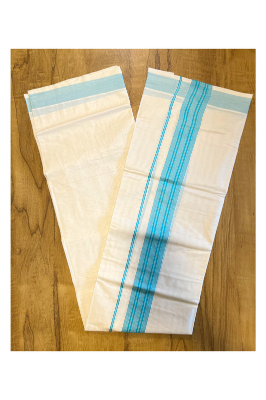 Pure Cotton Mundu with White Lines and Blue Border (South Indian Kerala Dhoti) (