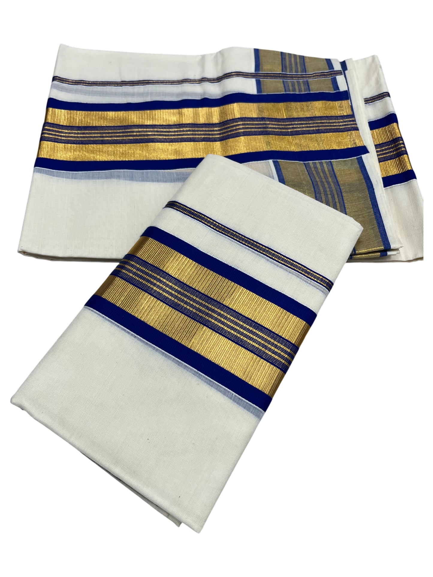 Southloom Pure Cotton Kerala  Set Mundu (Mundum Neriyathum) Single with Blue and Kasavu Border 2.80 Mtrs SLKK SL522