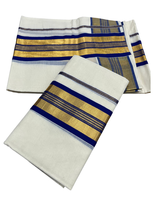 Southloom Pure Cotton Kerala  Set Mundu (Mundum Neriyathum) Single with Blue and Kasavu Border 2.80 Mtrs SLKK SL522