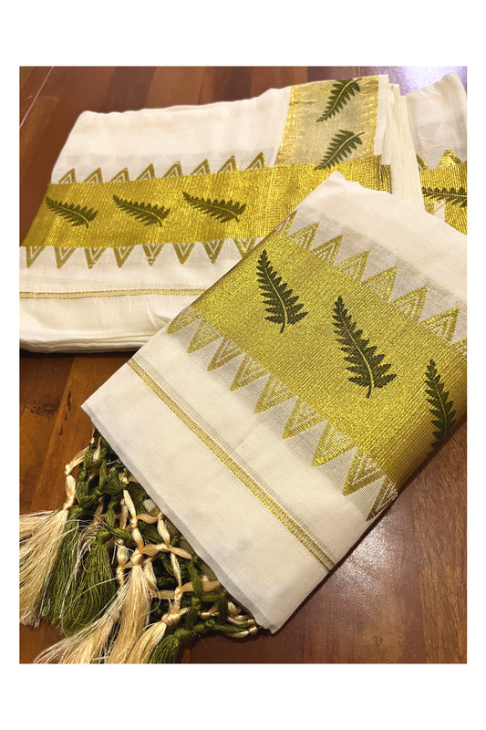 Kerala Cotton Set Mundu (Mundum Neriyathum) with Olive Green Leaf Block Prints on Kasavu Temple Border