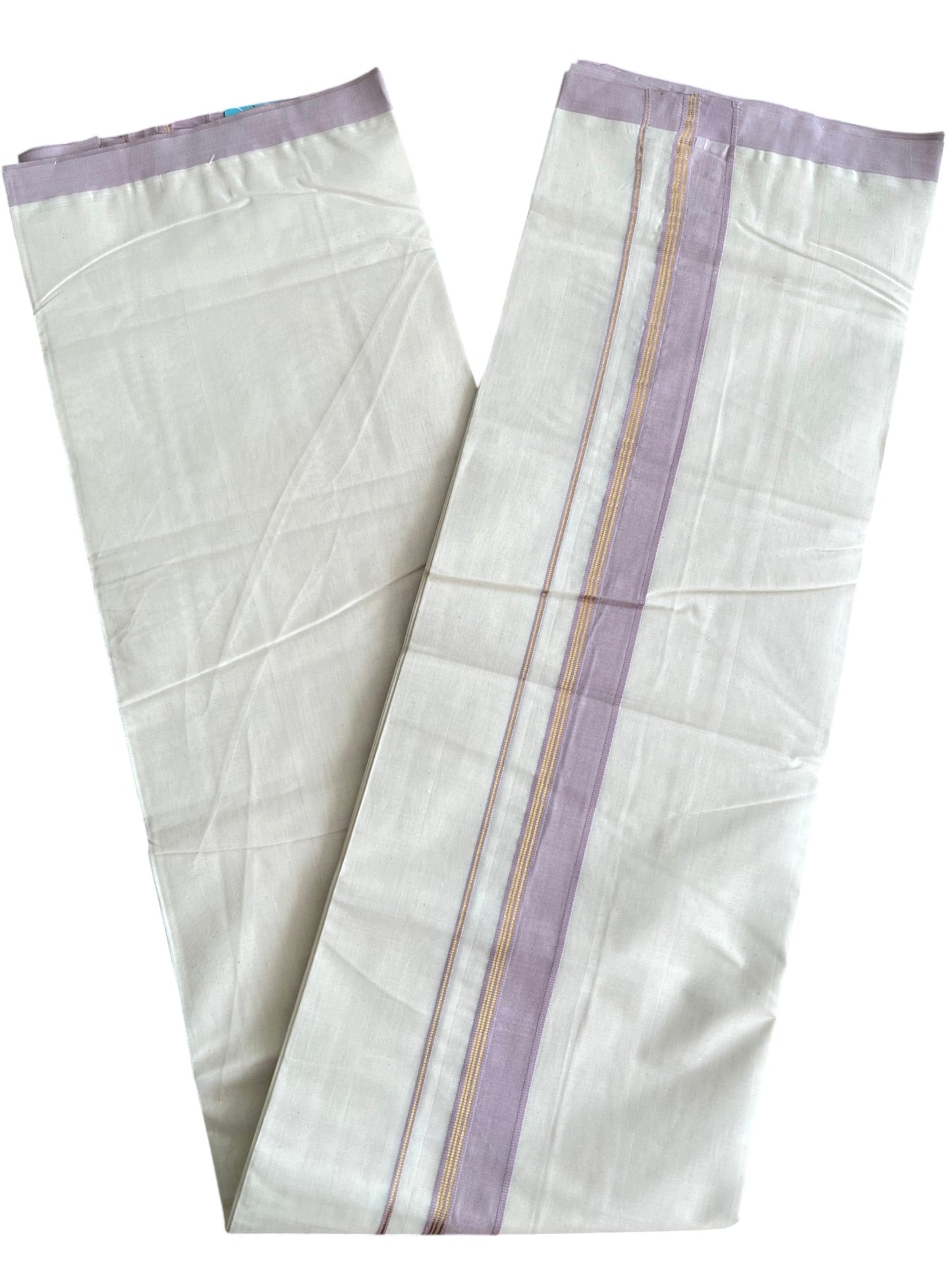 Southloom Pure Cotton Mundu with Golden Lines and Lavender Border (South Indian Kerala Dhoti)