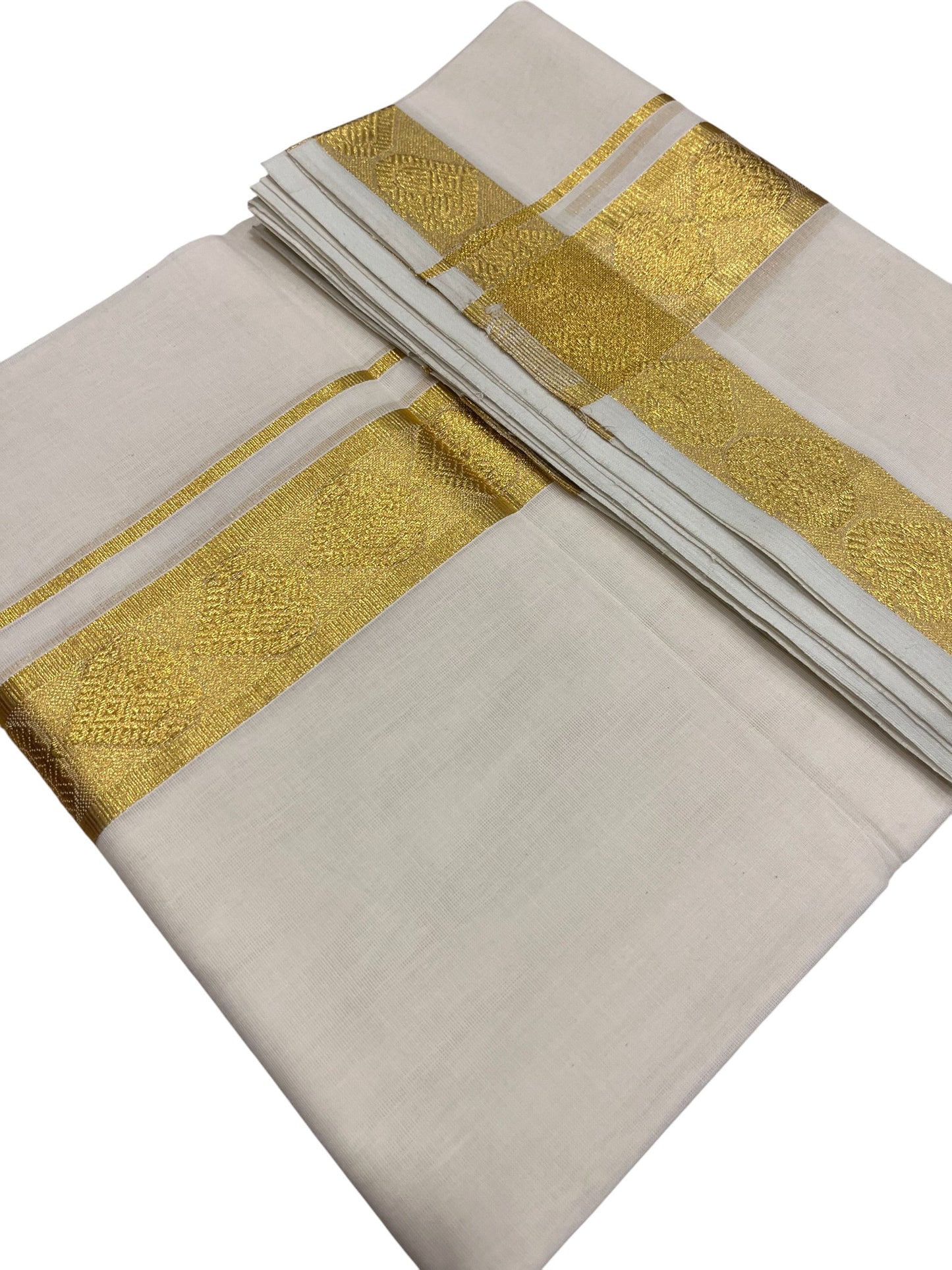 Southloom Premium Handloom Cotton Double Mundu with Gold And Woven Work Kasavu Border