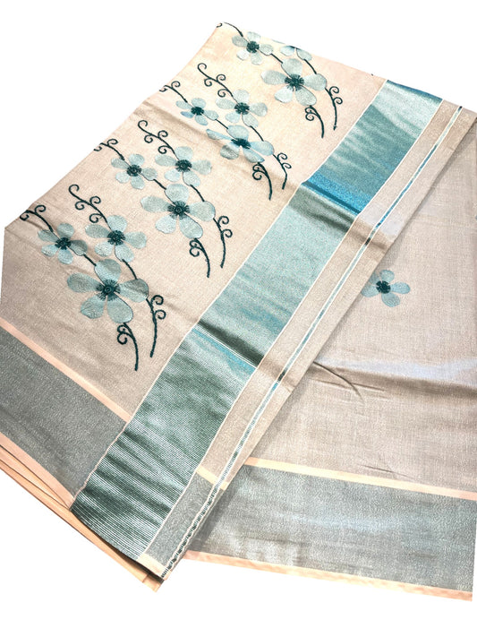 Southloom Kerala Tissue Kasavu Saree with Blue Floral Embroidery on Body and Border
