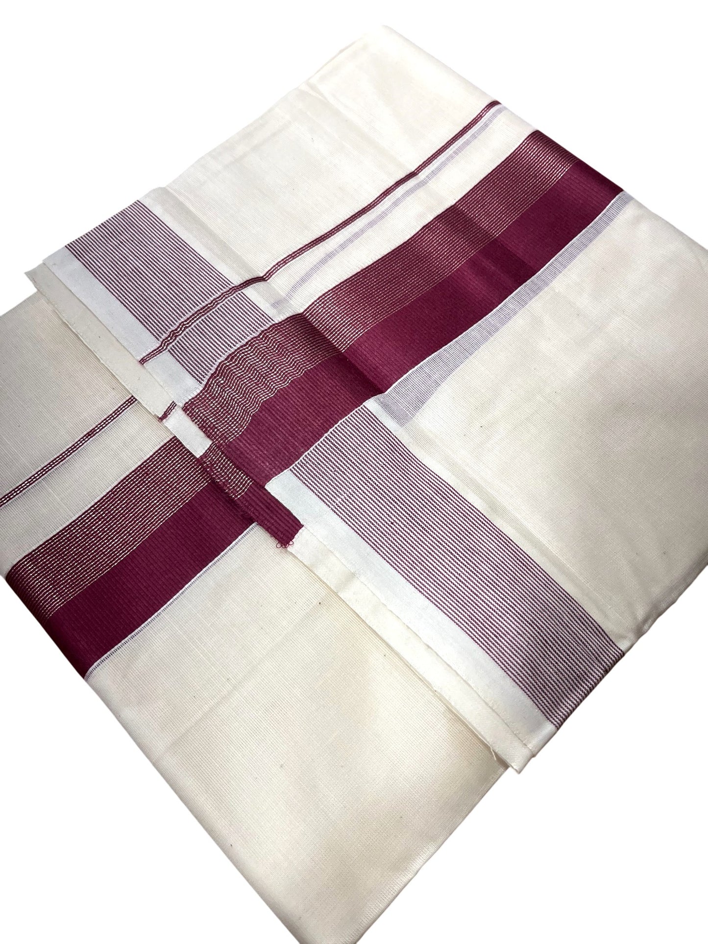Southloom Kerala Pure Cotton Double Mundu with Silver Lines & Purple Border (South Indian Dhoti)